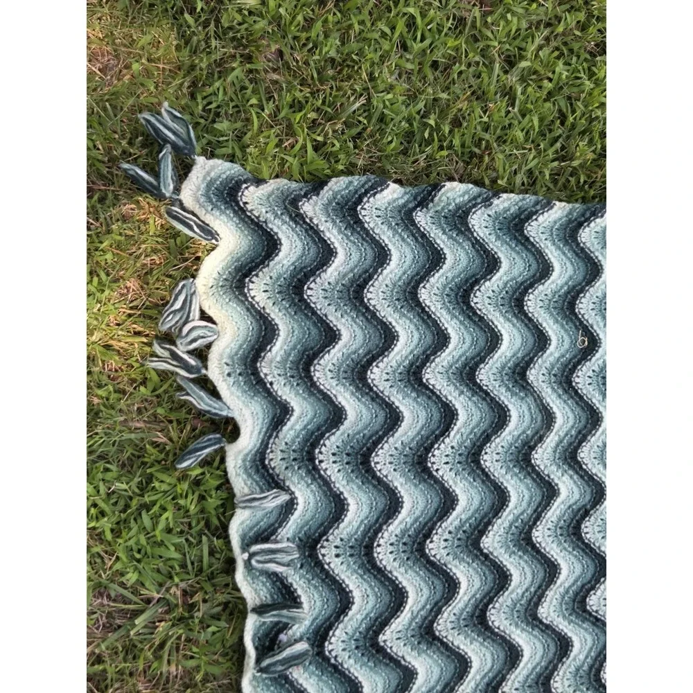 Vintage Crochet Knit Afghan Throw Blanket Multicolor Green White Striped 55
